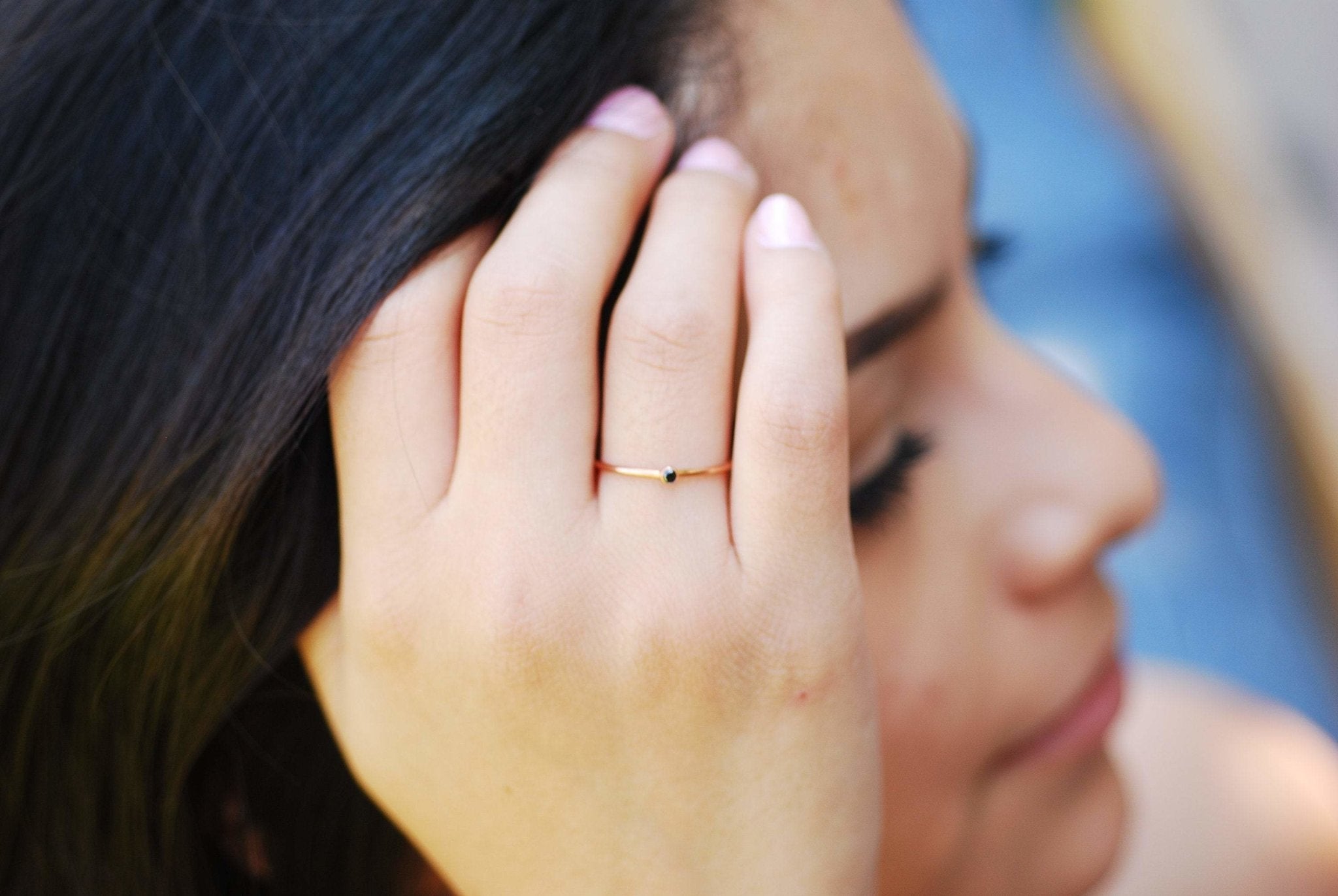 Black Solitaire Sterling Silver Stacking Clear CZ Ring - Minimalist Simple Everyday sterling silver thin sparkle dainty finger ring [12] - HarperCrown