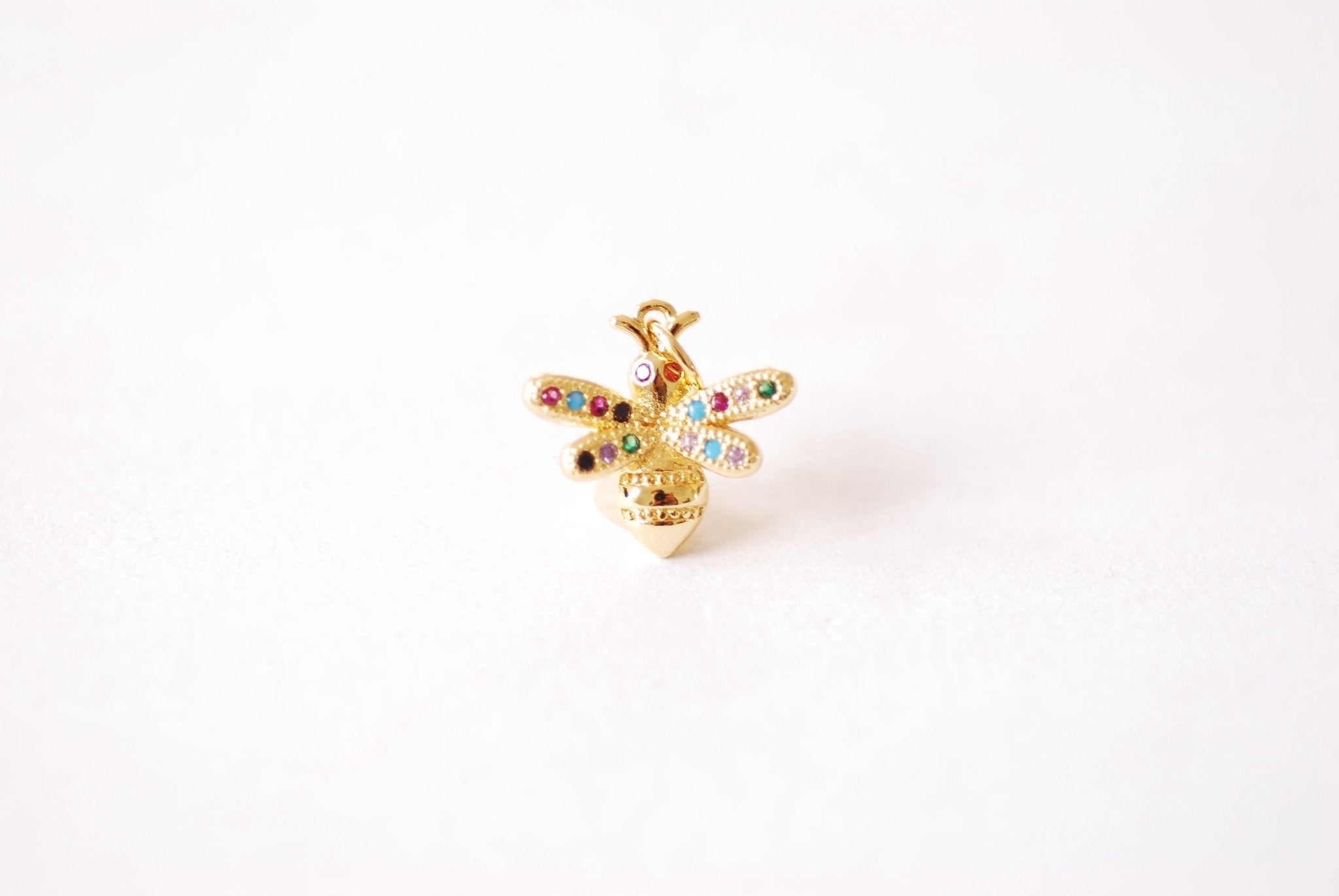 Bumble Bee Cubic Zirconia Charm - 16k Gold Plated over Puffy 3D Queen Bee Honeybee CZ Rainbow Pendant HarperCrown Wholesale Pendants B207 - HarperCrown