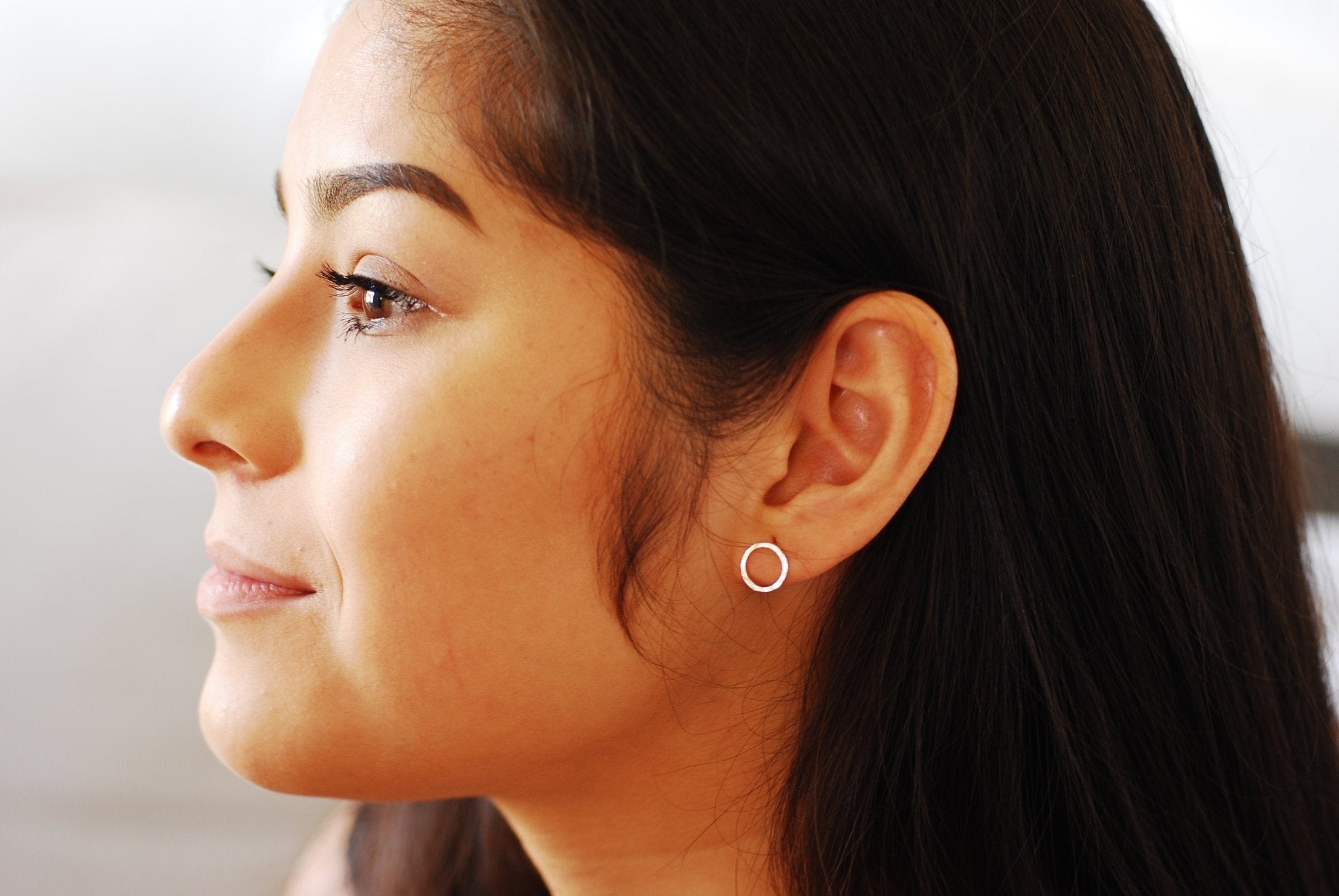 Circle Stud Earrings- 925 Sterling Silver, Gold, Rose Gold, Hammered circle stud earrings, 10mm Circle post earrings, minimalist earrings - HarperCrown