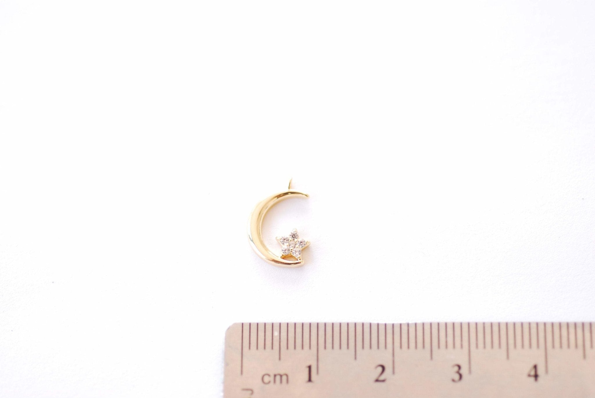 Crescent Moon with Star Charm | 16K Gold Plated Brass Micro Pave CZ | Half Moon Celestial Waning Moon Cubic Zirconia Wholesale Pendant B339 - HarperCrown