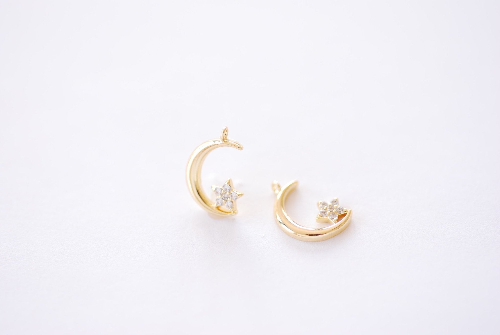 Crescent Moon with Star Charm | 16K Gold Plated Brass Micro Pave CZ | Half Moon Celestial Waning Moon Cubic Zirconia Wholesale Pendant B339 - HarperCrown