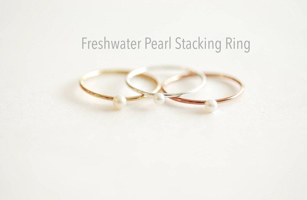 Crystal Pearl Stacking Ring in 14k Gold Filled, 925 Sterling Silver and 14k Pink Rose Gold Filled - Freshwater Pearl Ring, Knuckle Ring [6] - HarperCrown