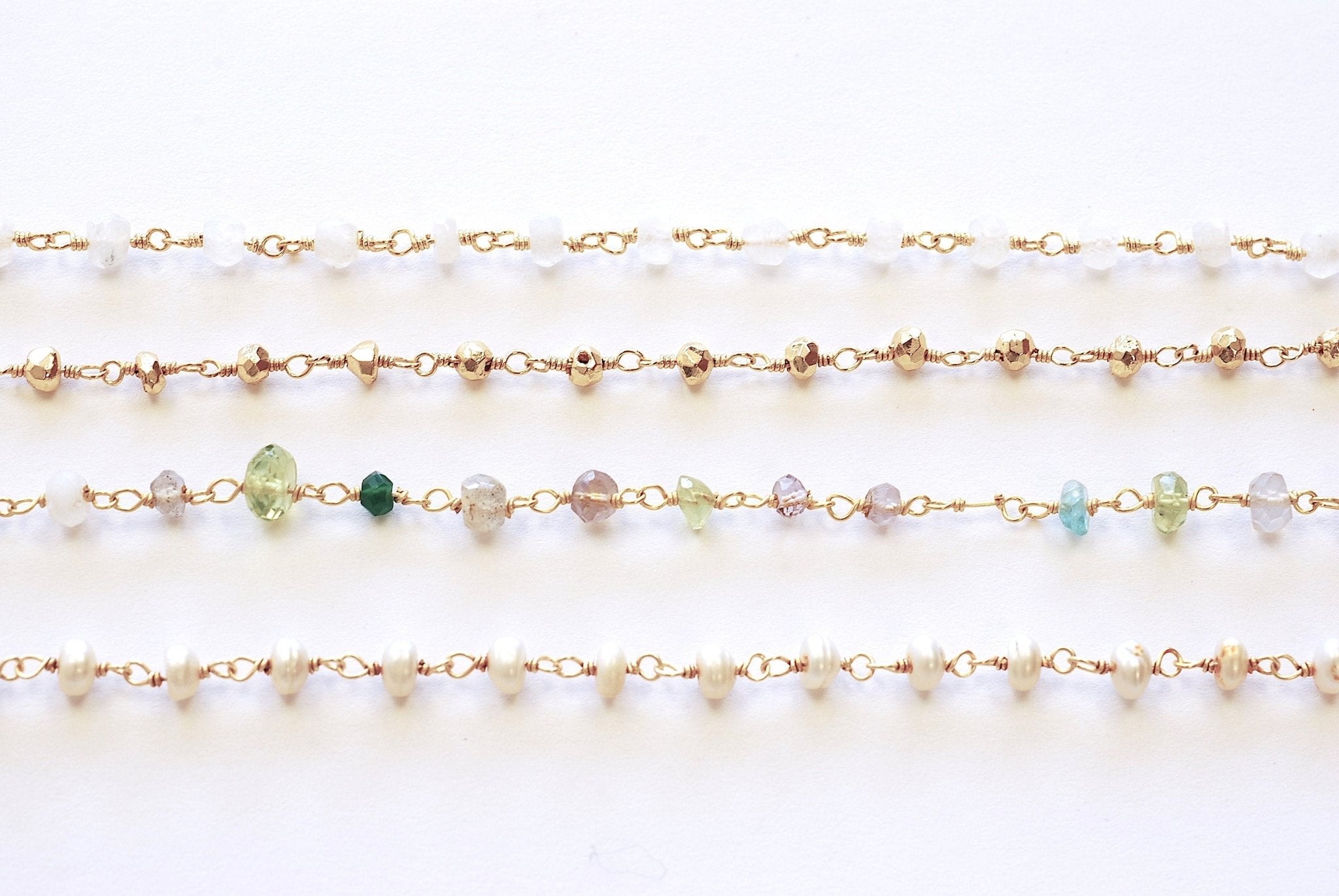 Gemstone Chain - Sterling Silver Gold Plated Chain Gemstone Freshwater Pearl Pyrite Disco White Tourmaline Beaded Wire Vermeil Chain - HarperCrown