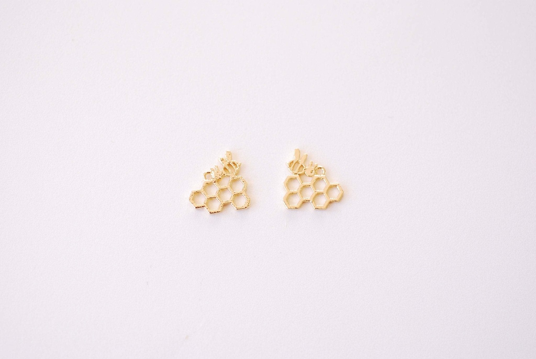 Gold Bee HoneyComb Charm - 16k gold plated over Brass Bumble bee Honeycomb Honey Connector HarperCrown Wholesale Brass Charms B115 - HarperCrown