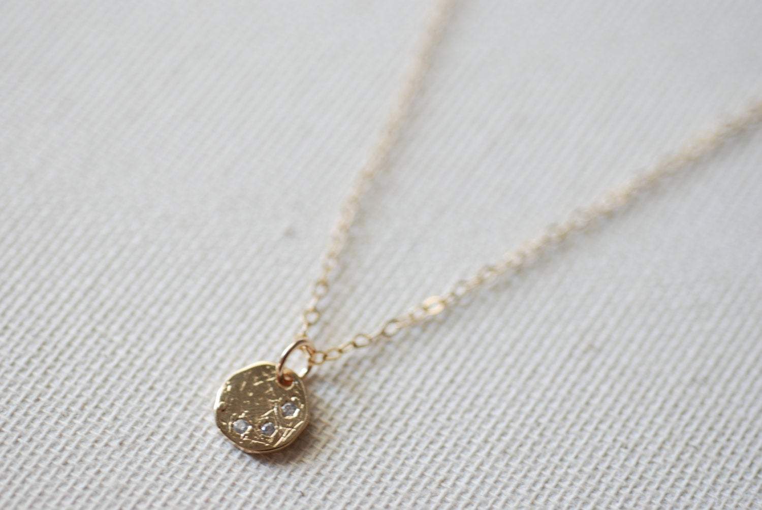 Gold Circle Necklace with Crystals, Make a wish necklace, Crystal Disc Necklace, Simple Dainty Necklace, Etched Disc Necklace - HarperCrown