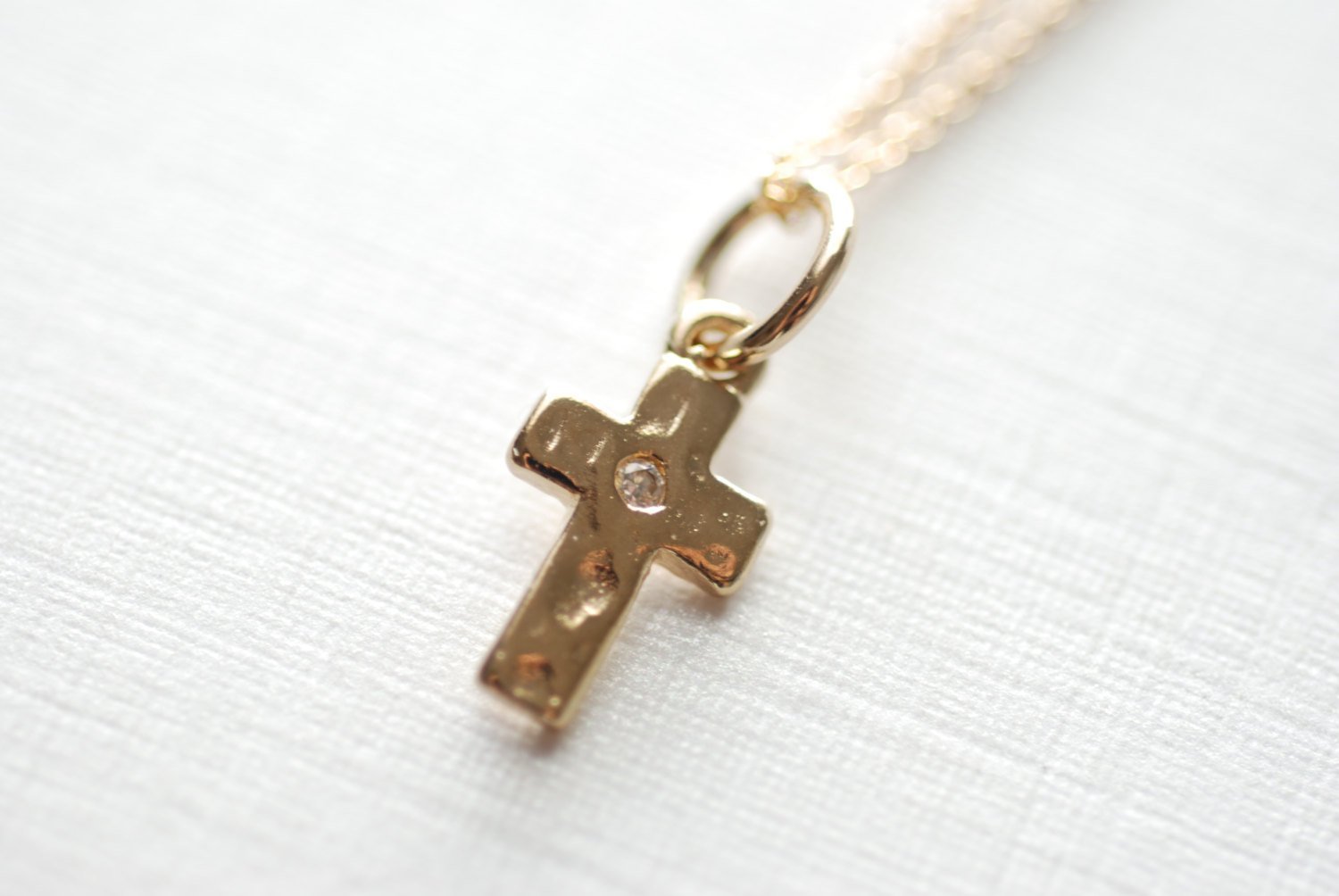 Gold Cross Necklace- Hammered Cross Necklace, Cross with Tiny Crystal, Dainty Cross necklace - HarperCrown