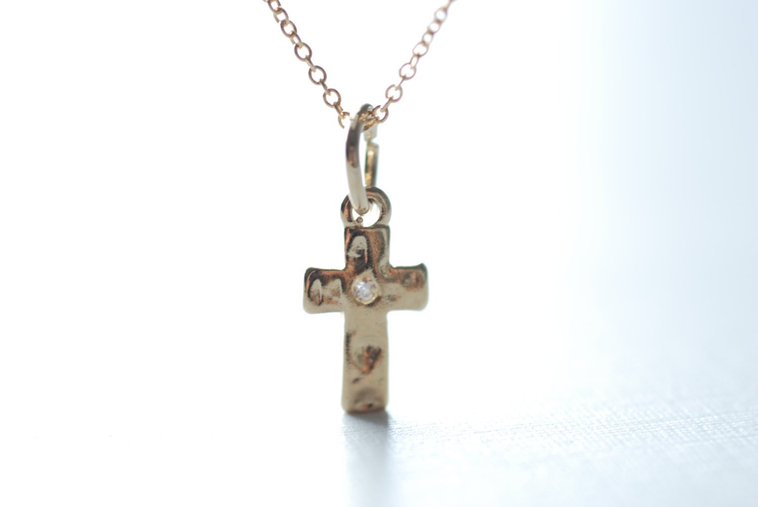 Gold Cross Necklace- Hammered Cross Necklace, Cross with Tiny Crystal, Dainty Cross necklace - HarperCrown