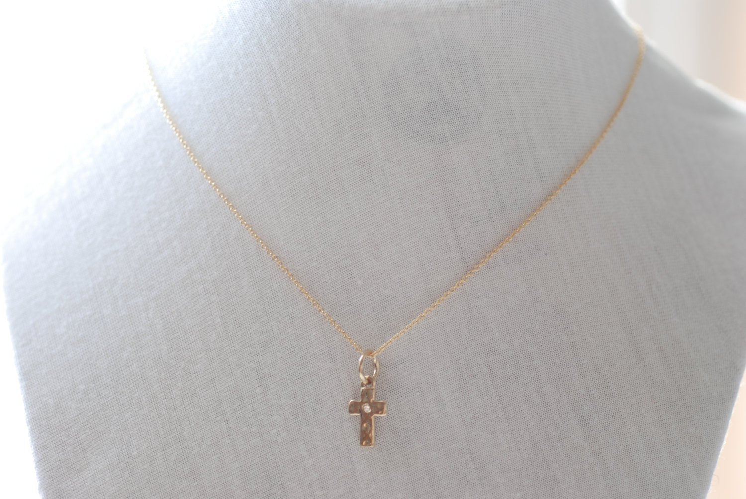 Gold Cross Necklace- Hammered Cross Necklace, Cross with Tiny Crystal, Dainty Cross necklace - HarperCrown