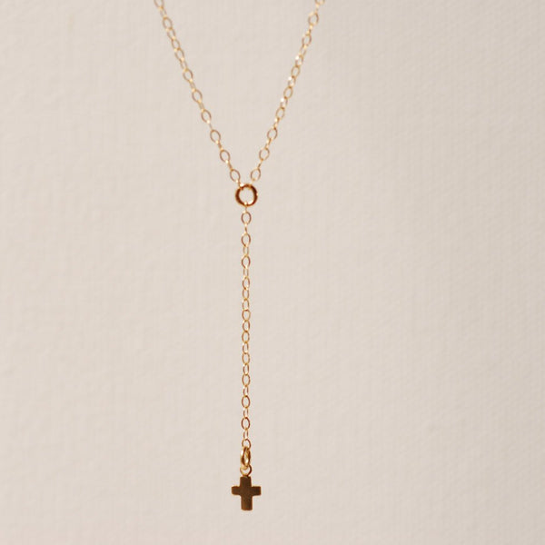 Gold Cross Rosary Lariat Necklace, 14k gold filled Cross, Gold