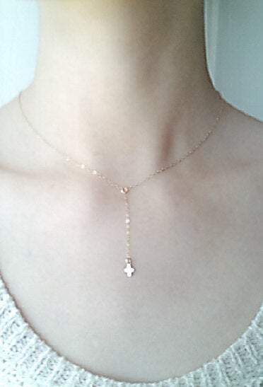 Gold Cross Rosary Lariat Necklace, 14k gold filled Cross, Gold Cross Necklace, Communion Gift, Bridesmaid Jewelry,dainty rosary - HarperCrown