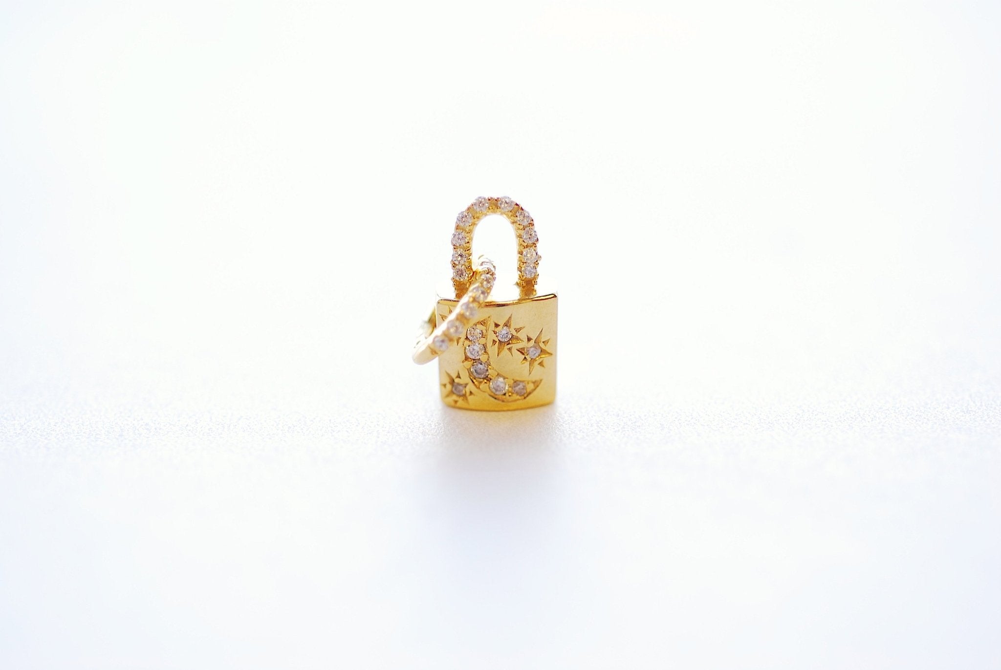 Gold Cubic Zirconia Moon and Star Padlock Pendant - Vermeil Gold 18k plated 925 Sterling Silver Padlock Charm, Pave Rhinestone Lock Charm - HarperCrown