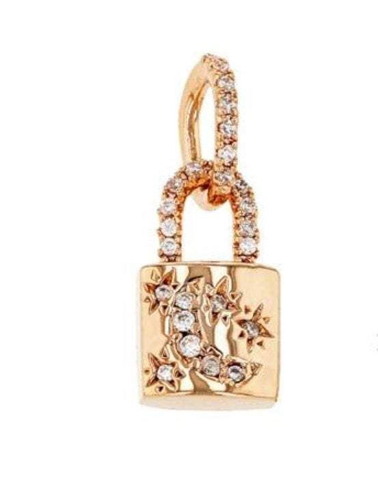 Gold Cubic Zirconia Moon and Star Padlock Pendant - Vermeil Gold 18k plated 925 Sterling Silver Padlock Charm, Pave Rhinestone Lock Charm - HarperCrown