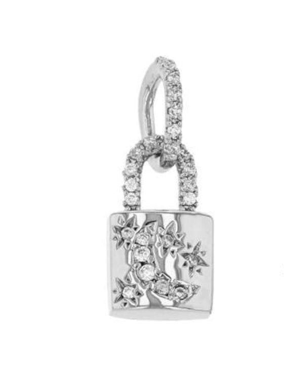 Gold Cubic Zirconia Moon and Star Padlock Pendant - Vermeil Gold 18k plated 925 Sterling Silver Padlock Charm, Pave Rhinestone Lock Charm - HarperCrown