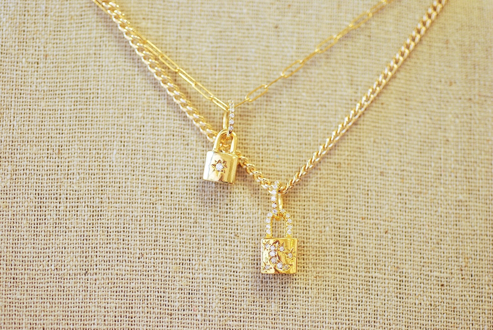 Gold Cubic Zirconia Moon and Star Padlock Pendant - Vermeil Gold 18k plated 925 Sterling Silver Padlock Charm, Pave Rhinestone Lock Charm - HarperCrown