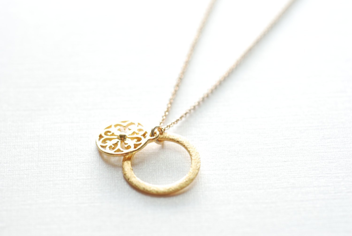 Gold Disc Necklace- Layering Disc Layering Necklace, Gold Filigree Necklace, Round Circle Pendant, Dainty Necklace by Heirloomenvy - HarperCrown