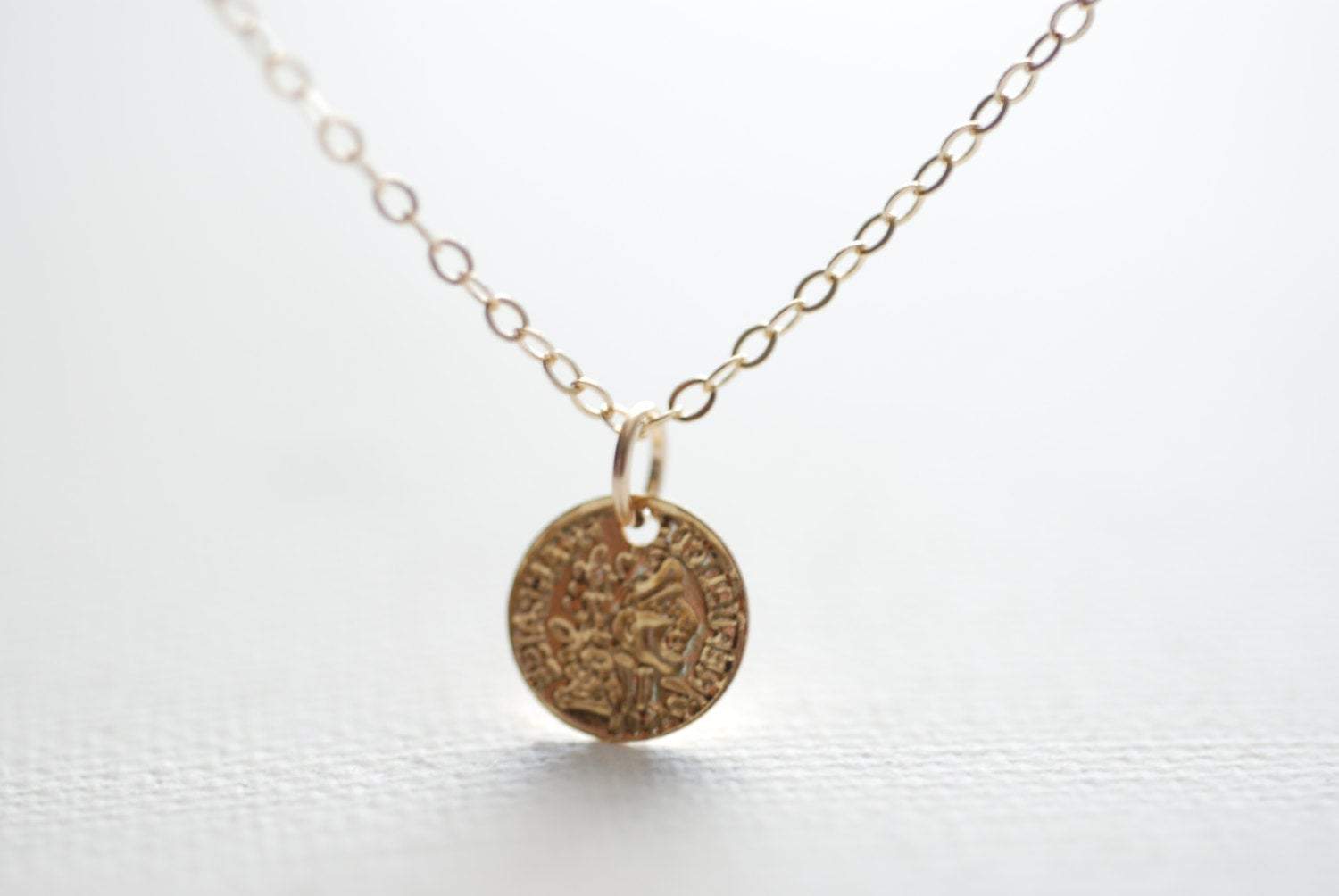 Gold Greek Coin Circle Necklace,18k gold coin, Minimalist Coin Necklace, Gold Coin Pendant,gold disc necklace,textured disc necklace - HarperCrown