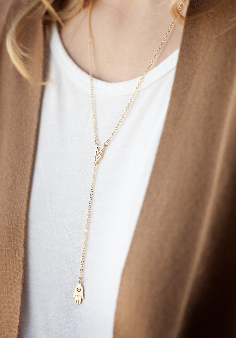 Gold Lariat Necklace with Triangle and Hamsa, 16k gold Triangle Hamsa, Gold Rope Necklace, Geometric Necklace, Minimalist Necklace - HarperCrown