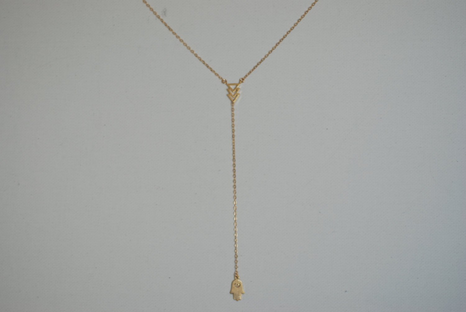 Gold Lariat Necklace with Triangle and Hamsa, 16k gold Triangle Hamsa, Gold Rope Necklace, Geometric Necklace, Minimalist Necklace - HarperCrown