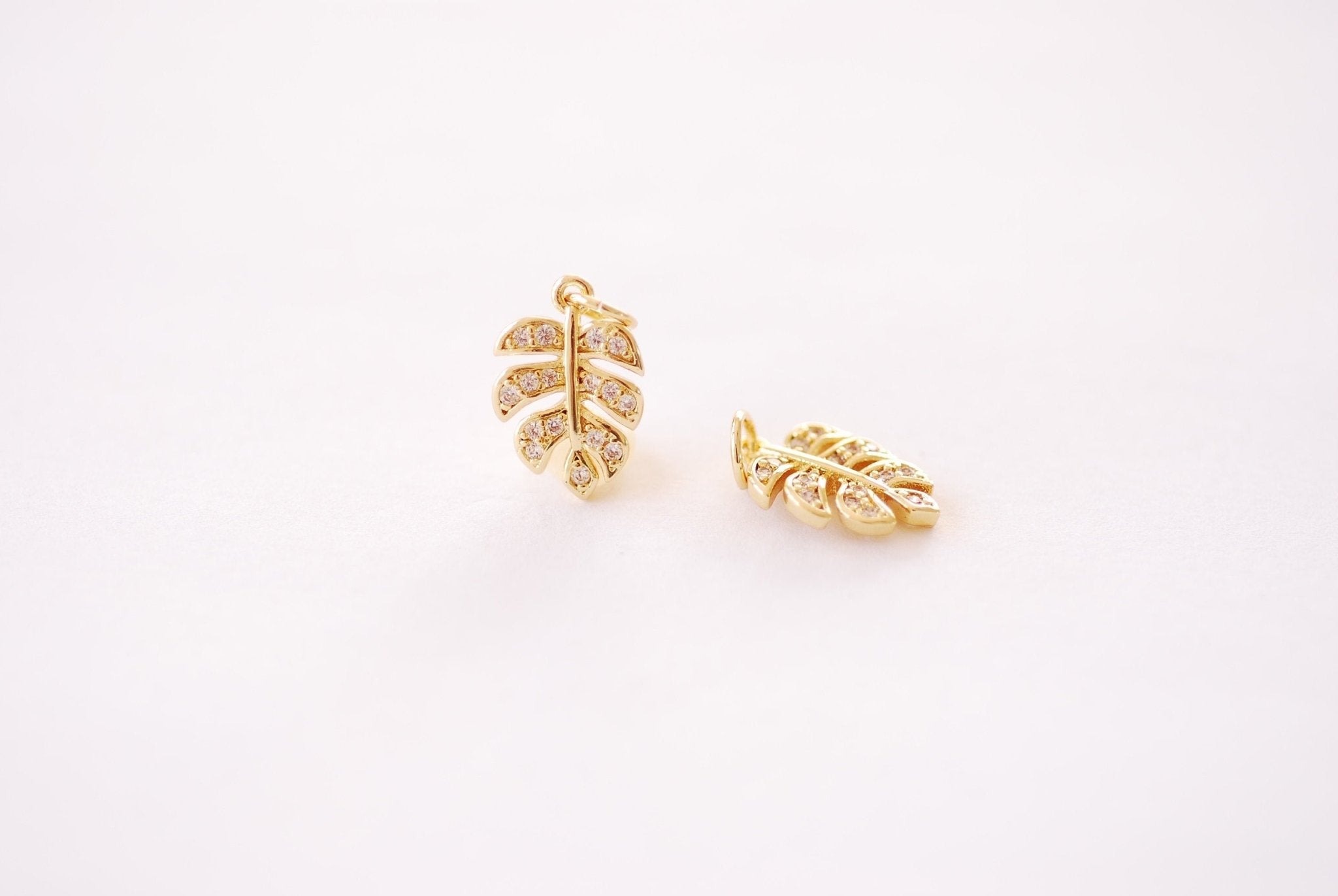 Gold Micro Pave Monstera Leaf Charm - 16k gold plated over Brass Monstera Tropical Leaf with Rhinestones HarperCrown Wholesale Charms B117 - HarperCrown