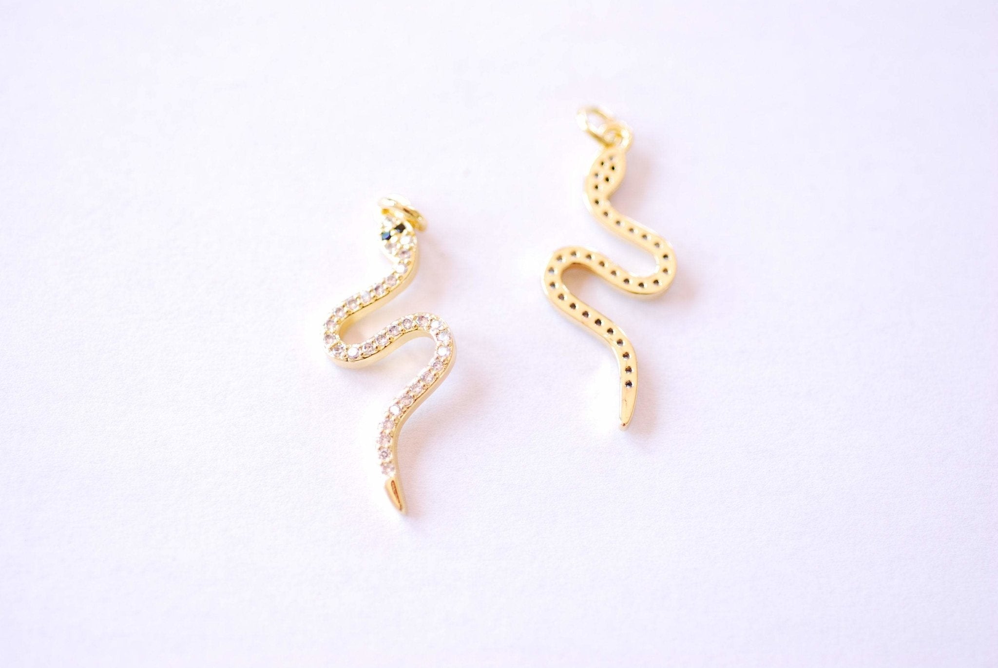 Gold Micro Pave Snake Charm Pendant - 16k Gold Plated over Brass Cubic Zirconia Snake Charm, Gold Serpent Snake, Coiled Snake B228 - HarperCrown