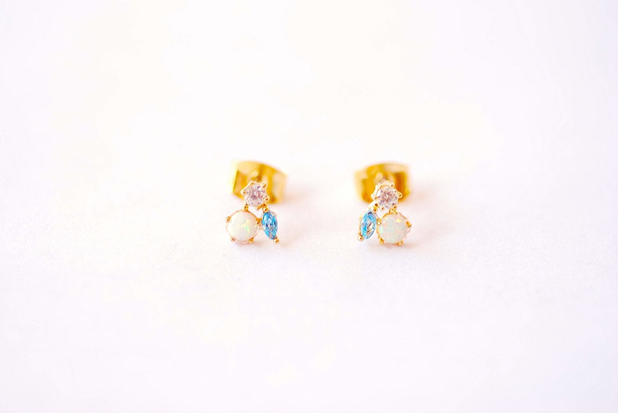 Gold Opal Earring Studs - 18k Gold Dipped 925 Sterling Silver Ear Post Opal Cubic Zirconia Stud Earrings, Turquoise CZ Earrings - HarperCrown