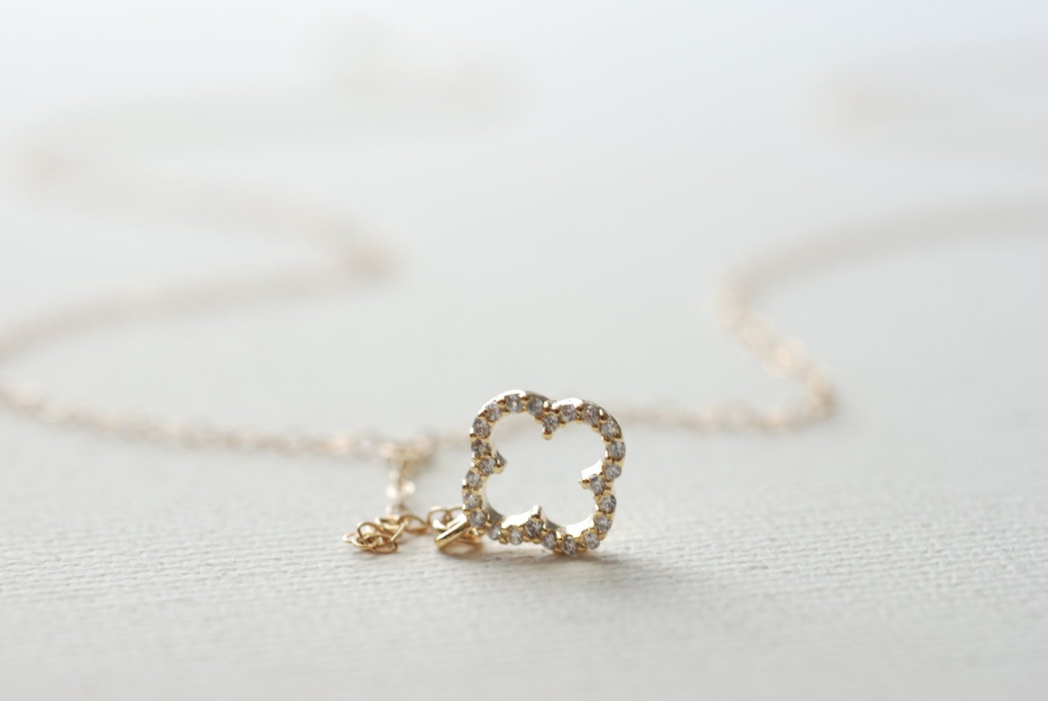 Gold Quatrefoil Clover Necklace Lariat with Cubic Zirconia, Clover Lariat,four leaf clover necklace,crystal clover charm,gold clover lariat - HarperCrown