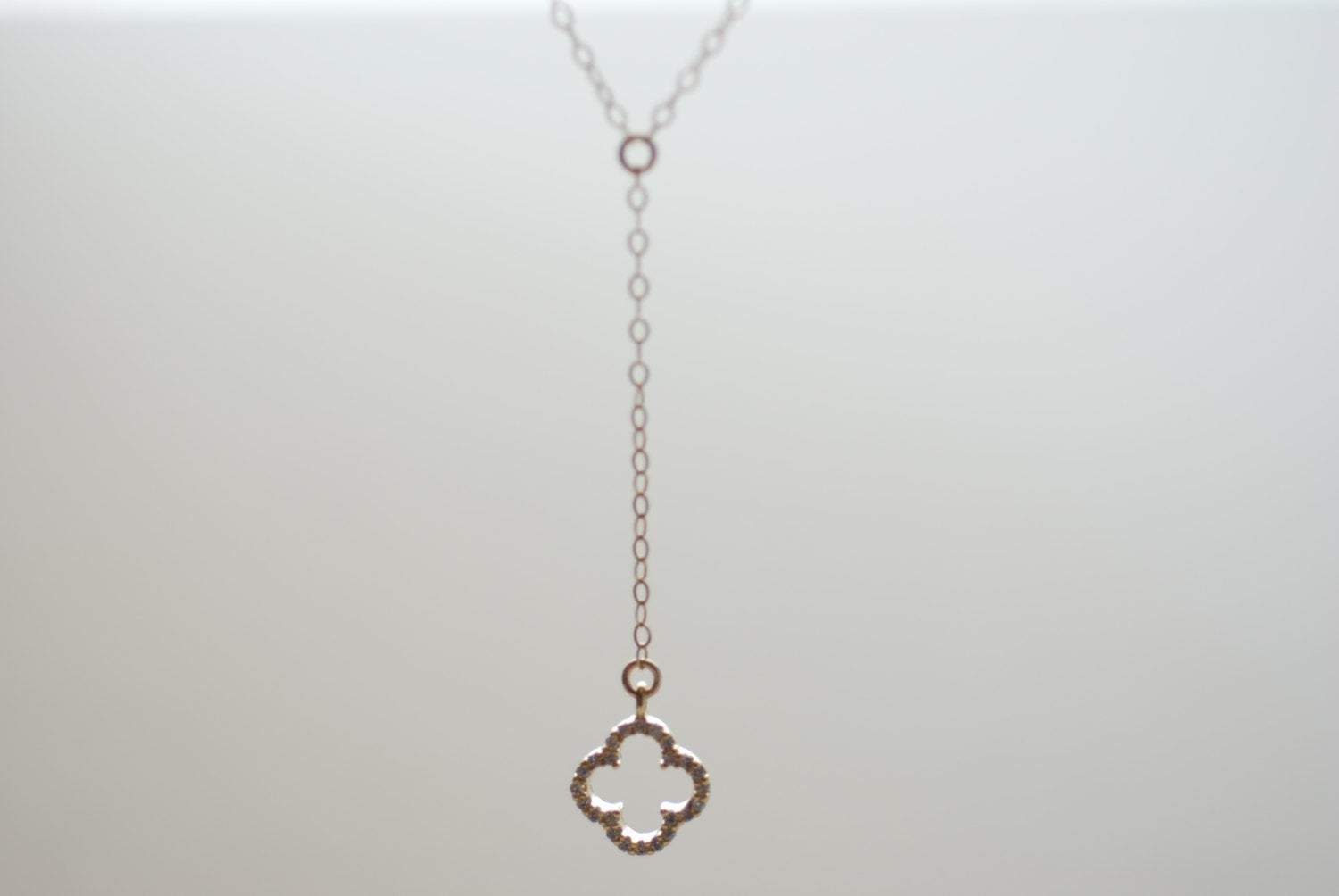 Gold Quatrefoil Clover Necklace Lariat with Cubic Zirconia, Clover Lariat,four leaf clover necklace,crystal clover charm,gold clover lariat - HarperCrown