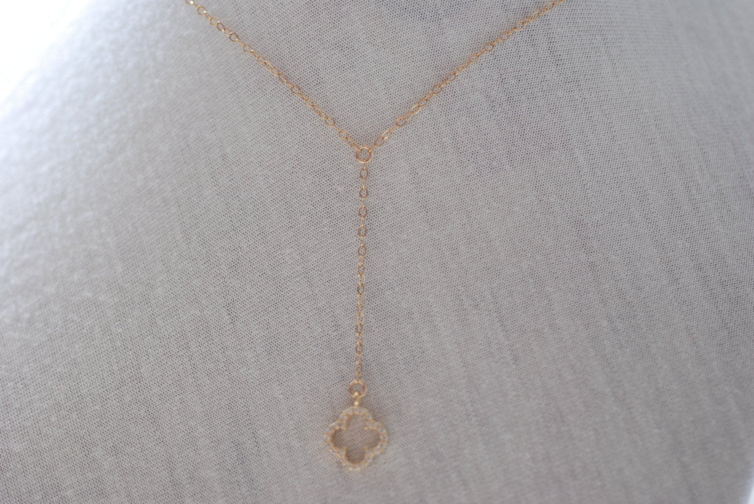 Gold Quatrefoil Clover Necklace Lariat with Cubic Zirconia, Clover Lariat,four leaf clover necklace,crystal clover charm,gold clover lariat - HarperCrown