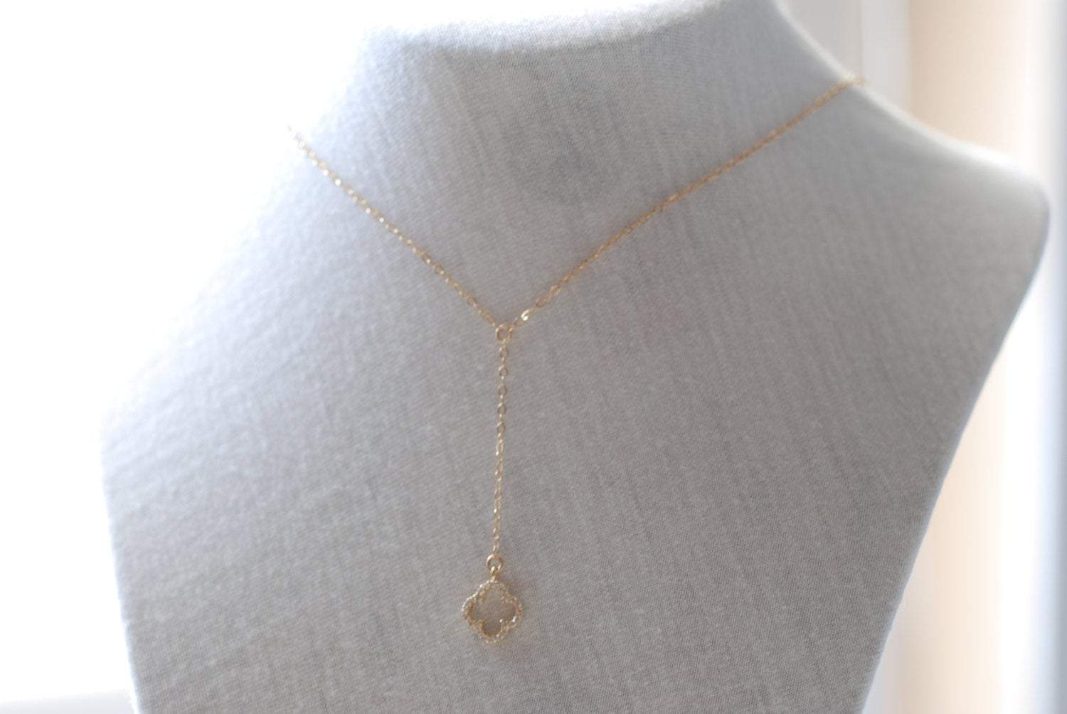 Gold Quatrefoil Clover Necklace Lariat with Cubic Zirconia, Clover Lariat,four leaf clover necklace,crystal clover charm,gold clover lariat - HarperCrown