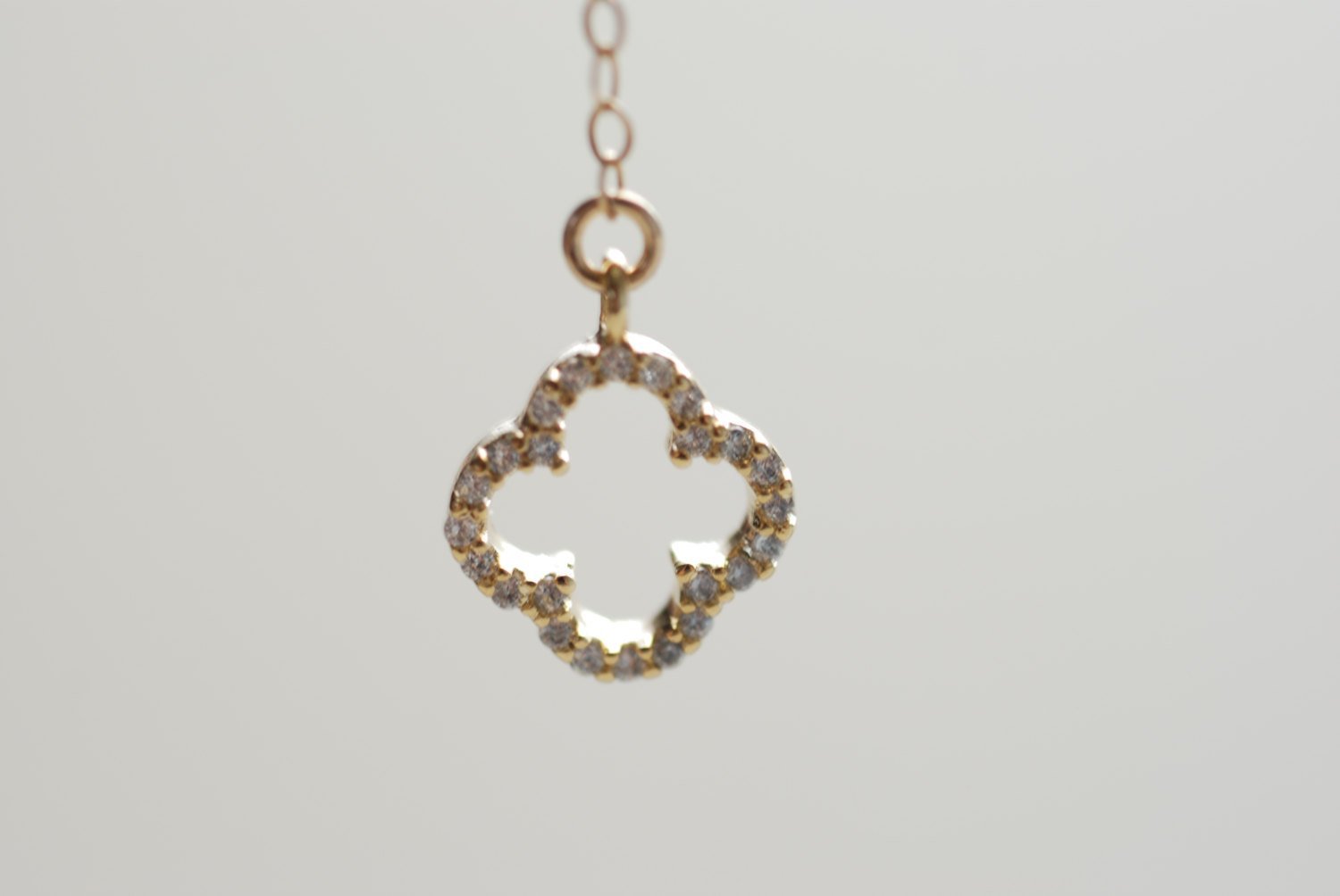 Gold Quatrefoil Clover Necklace Lariat with Cubic Zirconia, Clover Lariat,four leaf clover necklace,crystal clover charm,gold clover lariat - HarperCrown