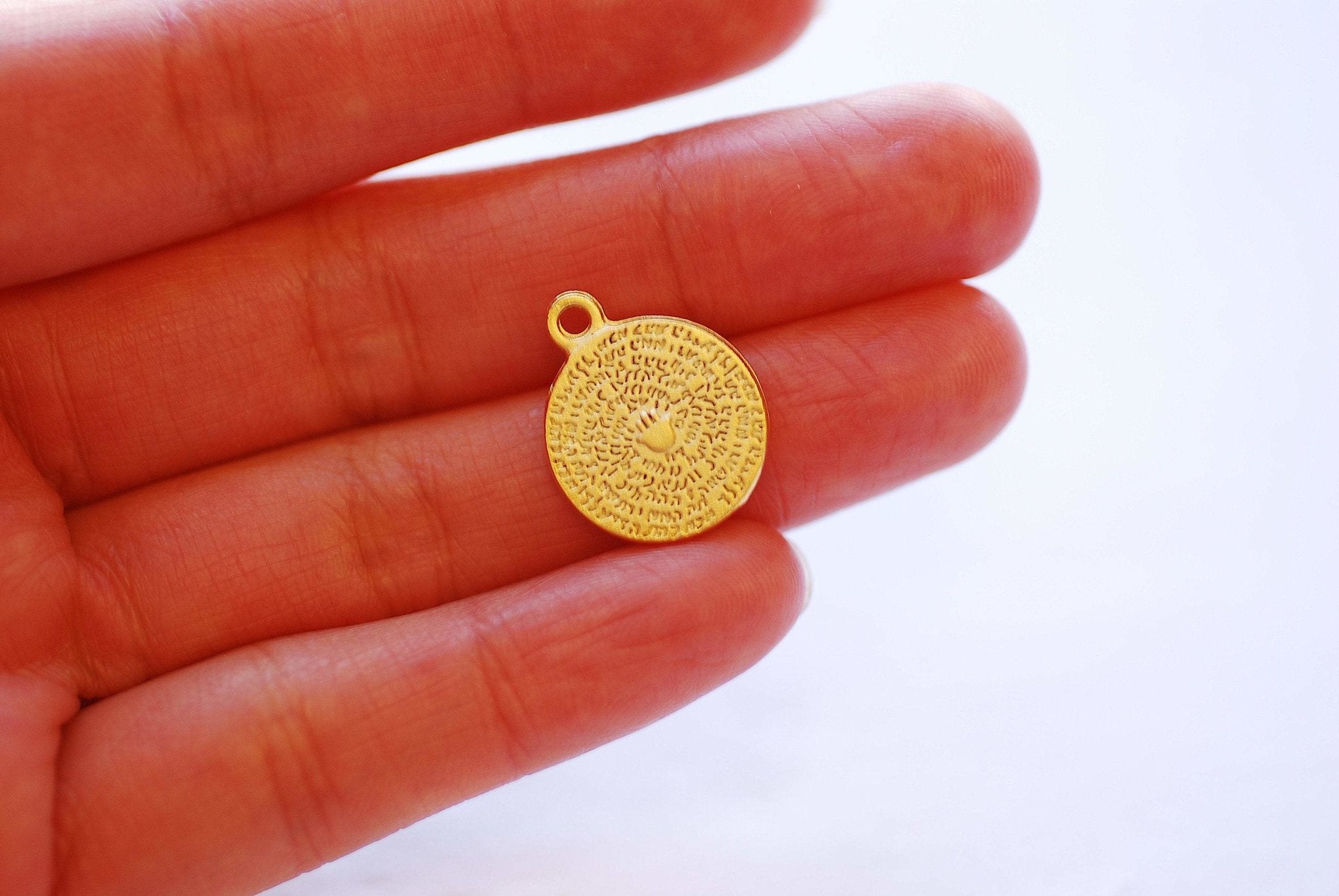 Gold Round Hamsa Hand Coin Medallion Pendant Charm - 18k Gold plated Zinc Alloy Round Circle Pendant, Protection Arabic Scripture - HarperCrown