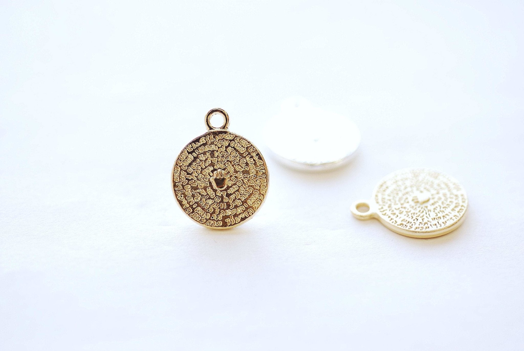 Gold Round Hamsa Hand Coin Medallion Pendant Charm - 18k Gold plated Zinc Alloy Round Circle Pendant, Protection Arabic Scripture - HarperCrown