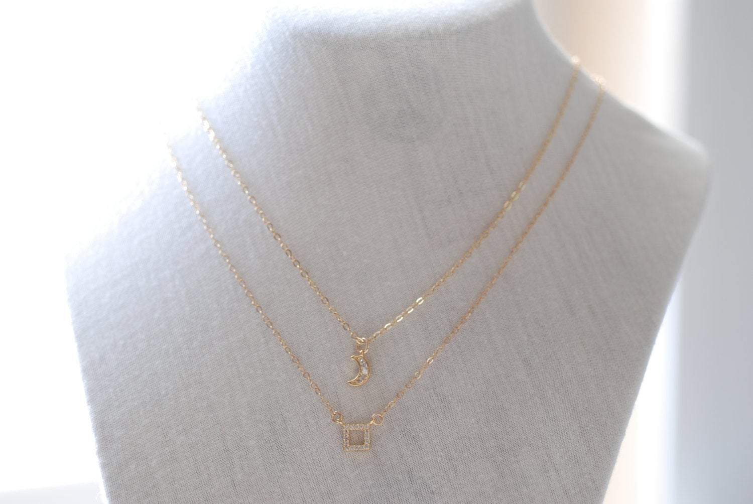 Gold Square Necklace- Layer Necklace, Crescent Moon Necklace,14k gold filled Chain - HarperCrown