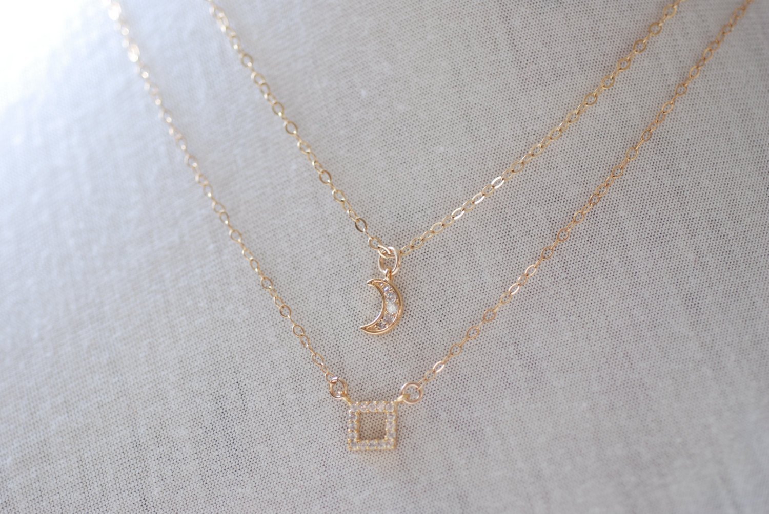 Gold Square Necklace- Layer Necklace, Crescent Moon Necklace,14k gold filled Chain - HarperCrown