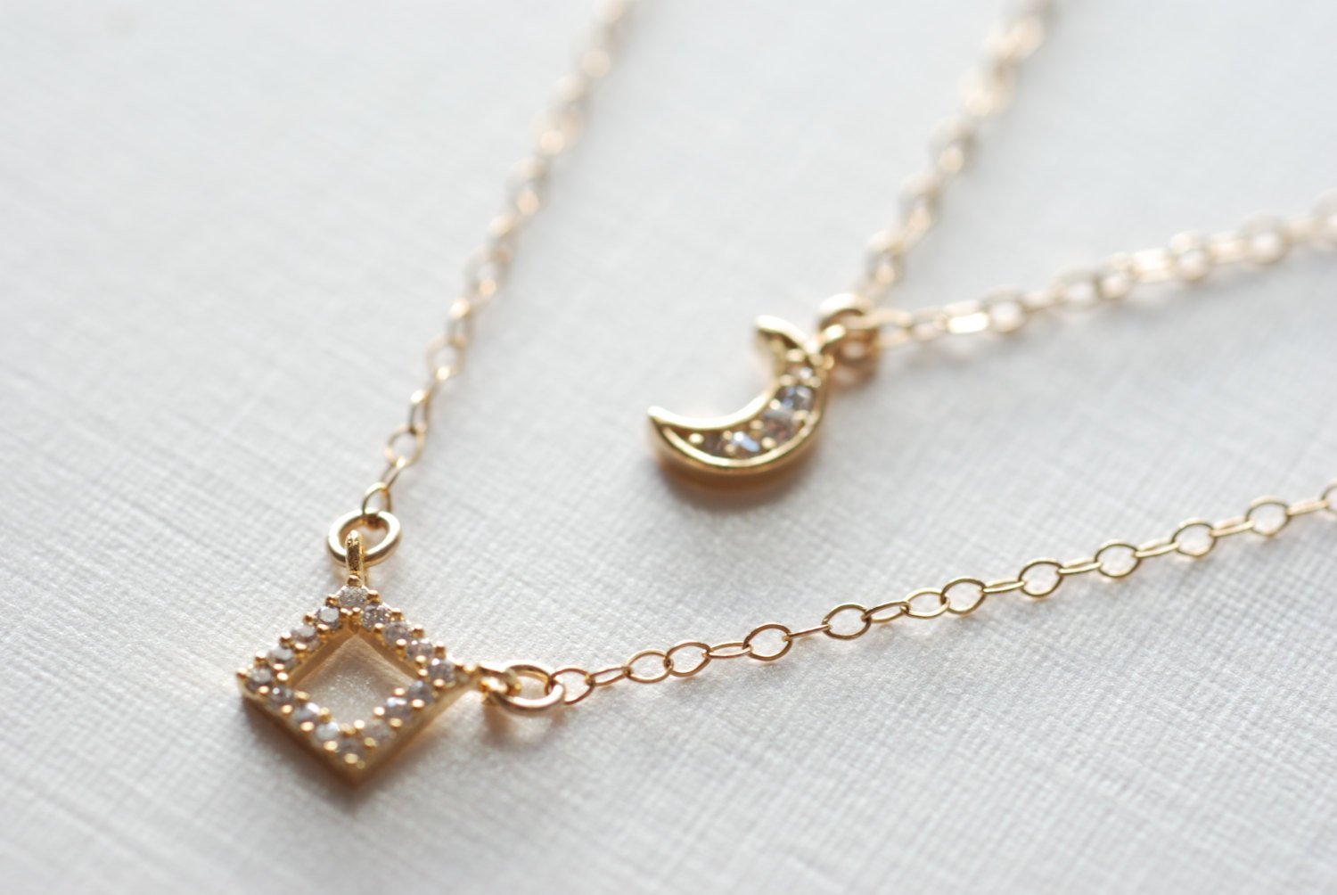 Gold Square Necklace- Layer Necklace, Crescent Moon Necklace,14k gold filled Chain - HarperCrown