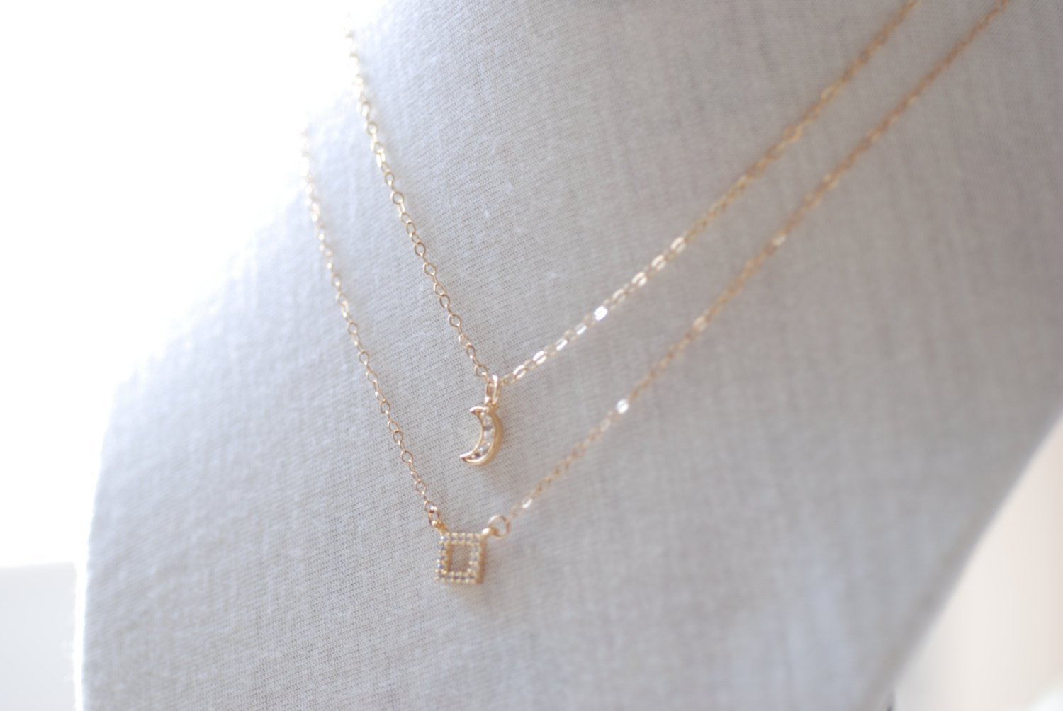 Gold Square Necklace- Layer Necklace, Crescent Moon Necklace,14k gold filled Chain - HarperCrown