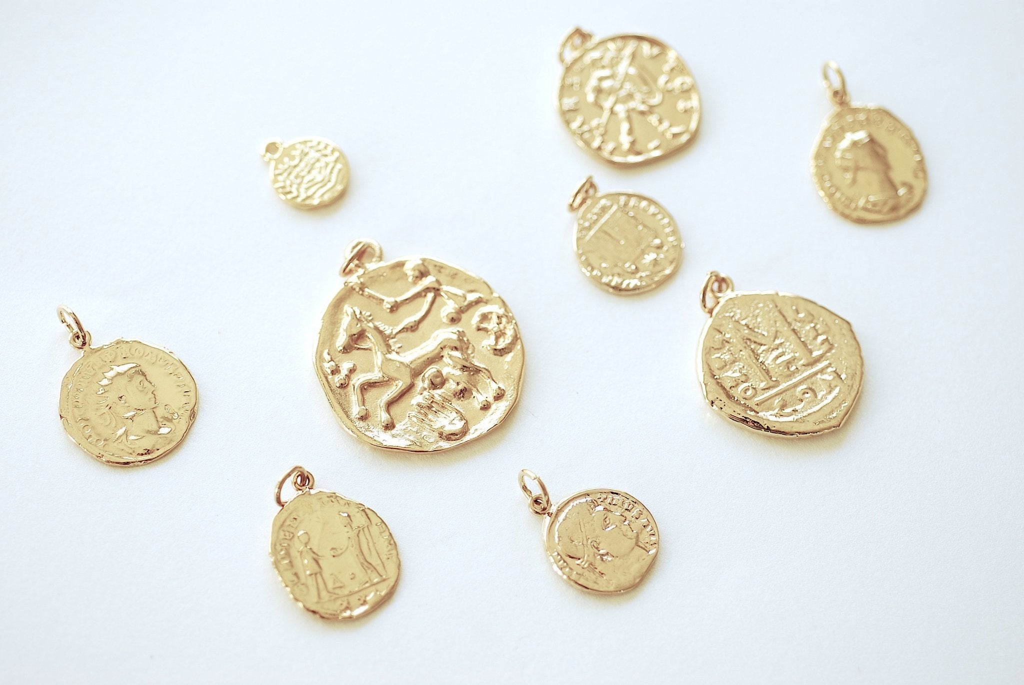 Greek Coin Charm Pendant- Vermeil Gold 22k Gold plated over 925 Sterling Silver, Greek Coins, Spanish Coins, Ancient Roman Coin, Medallion - HarperCrown