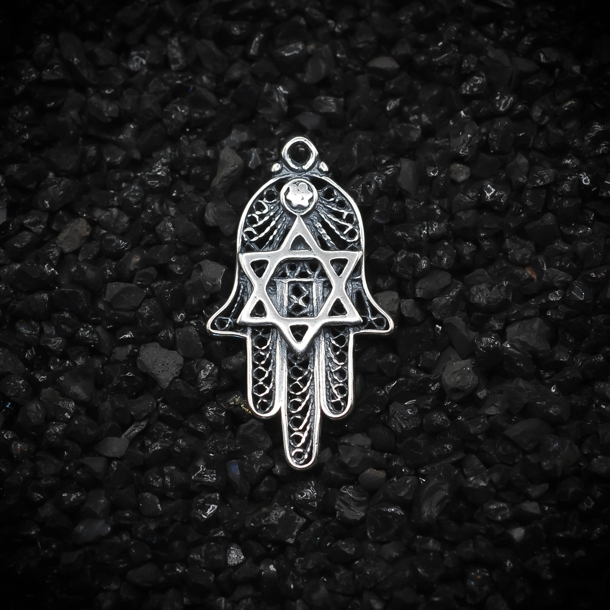 Hamsa Hand Amulet Mesh Hand of God Charm | 925 Sterling Silver, Oxidized or 18K Gold Plated | Jewelry Making Pendant - HarperCrown