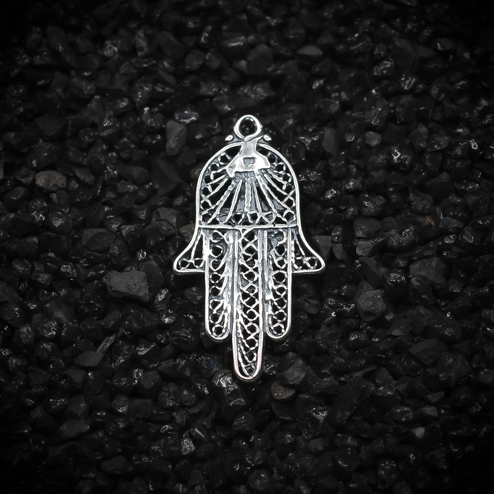 Hamsa Hand Amulet Mesh Hand of God Charm | 925 Sterling Silver, Oxidized or 18K Gold Plated | Jewelry Making Pendant - HarperCrown