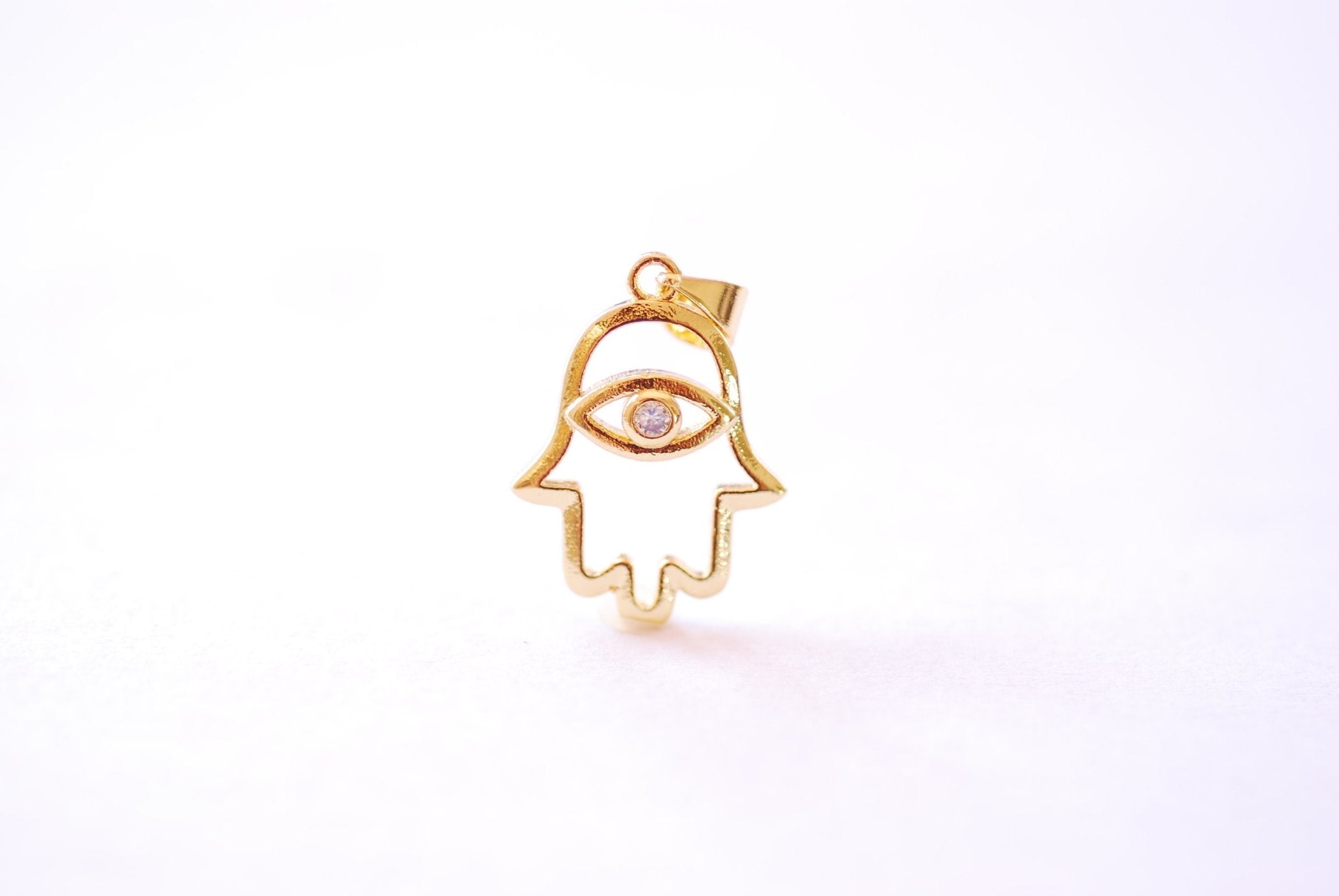 Hamsa Hand and Evil Eye Cubic Zirconia Charm - Hand of Fatima Yoga Ohm Evil Eye Wire Yoga Ohm CZ Pendant HarperCrown Wholesale B202 - HarperCrown