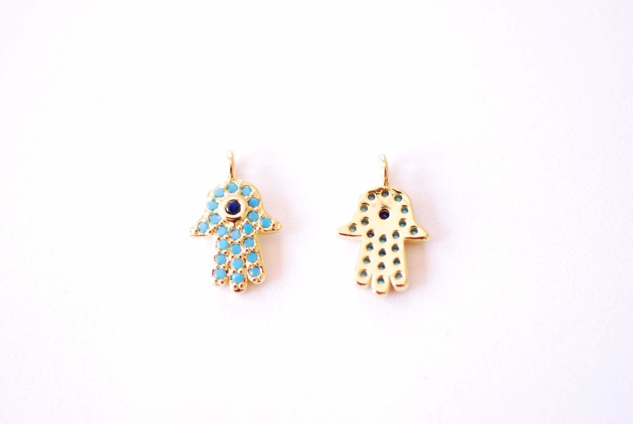 Hamsa Hand Micro Pave CZ Round Textured Charm | 16K Gold Plated Brass Cubic Zirconia | Hand of Fatima Yoga Ohm Evil Eye Turquoise B323 - HarperCrown