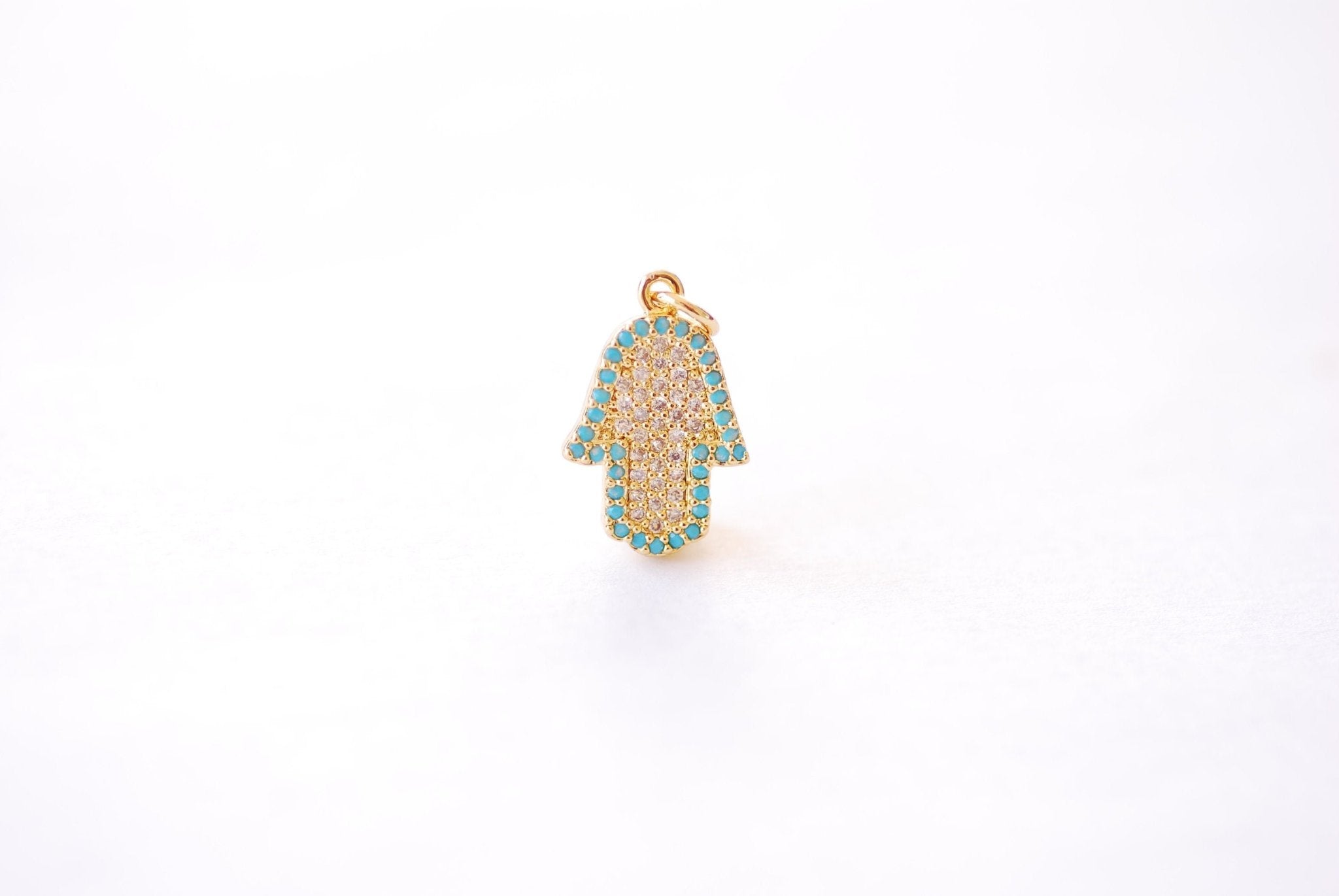 Hamsa Hand Micro Pave CZ Round Textured Charm - Cubic Zirconia Hand of Fatima Yoga Ohm Evil Eye Turquoise Blue HarperCrown Wholesale B210 - HarperCrown