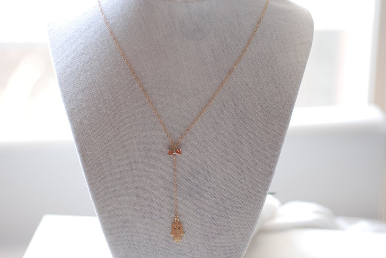 Hamsa Lariat Necklace, Bow and Hamsa, Bow Lariat, Gold Hamsa Necklace,Dainty Hamsa Necklace,Silver Hamsa necklace,Hamsa with a bow Charm - HarperCrown