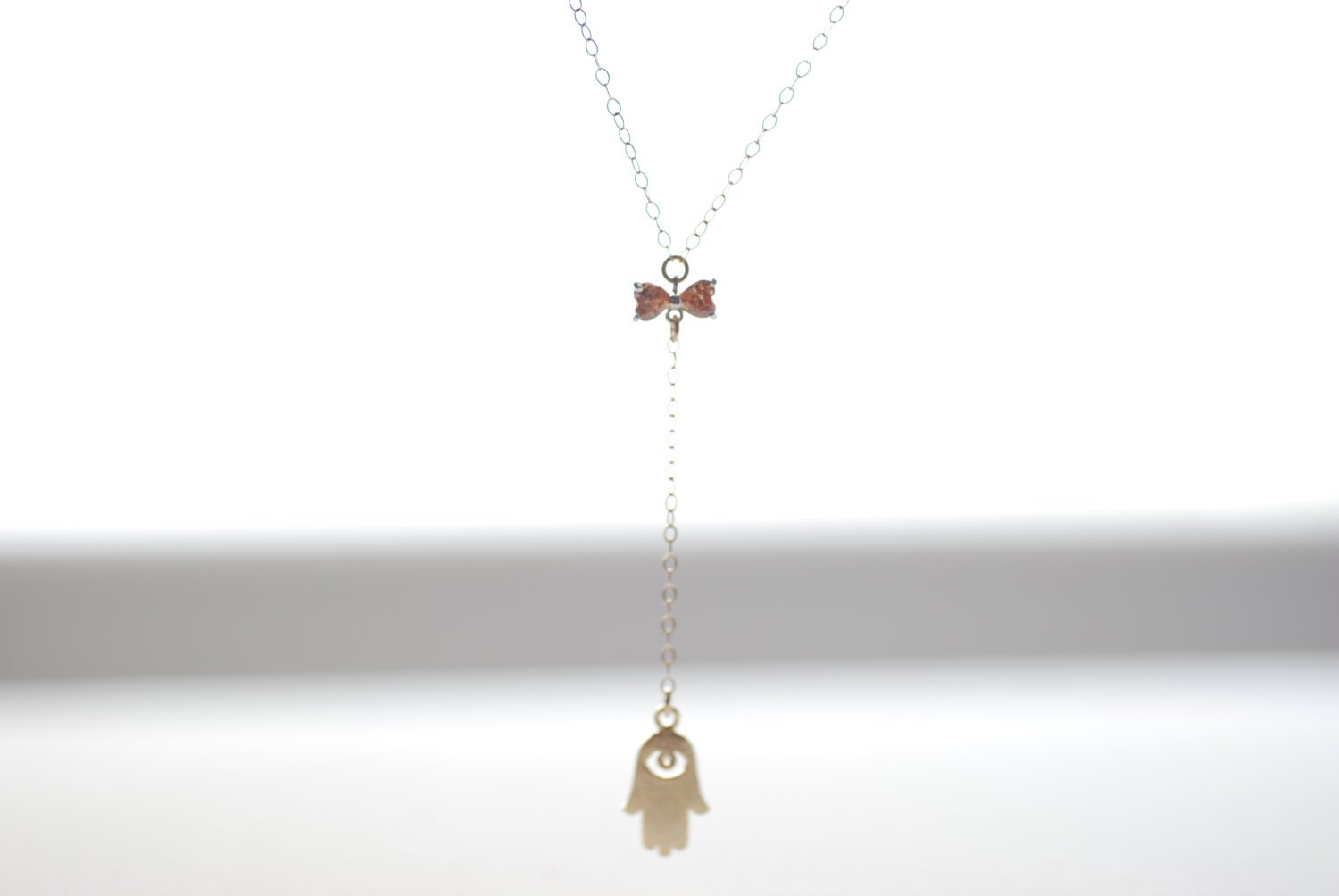 Hamsa Lariat Necklace, Bow and Hamsa, Bow Lariat, Gold Hamsa Necklace,Dainty Hamsa Necklace,Silver Hamsa necklace,Hamsa with a bow Charm - HarperCrown