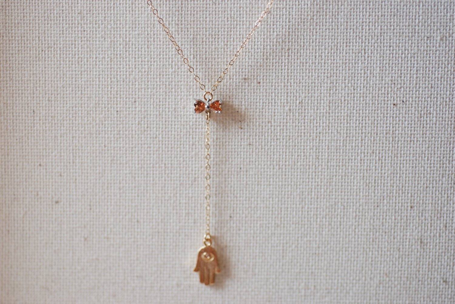 Hamsa Lariat Necklace, Bow and Hamsa, Bow Lariat, Gold Hamsa Necklace,Dainty Hamsa Necklace,Silver Hamsa necklace,Hamsa with a bow Charm - HarperCrown