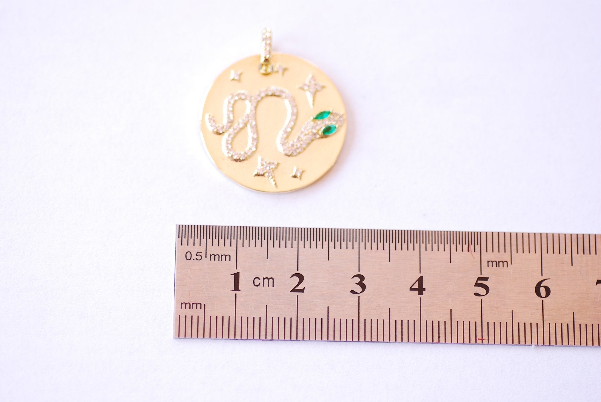 Large Round Disc Micro Pave Snake Pendant - 16k Gold plated over Brass, Gold Brass Disc Cubic Zirconia Snake Emerald Green Harper Crown B148 - HarperCrown