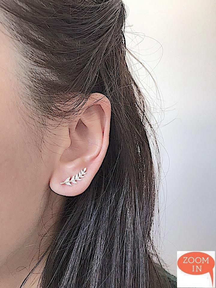 Leaf Ear Climber- 925 Sterling Silver Leaf Ear Cuff, Leaf Earrings Ear Crawler, Silver Ear Climber, Ear Jacket, Leaves Ear Climber Crawler - HarperCrown