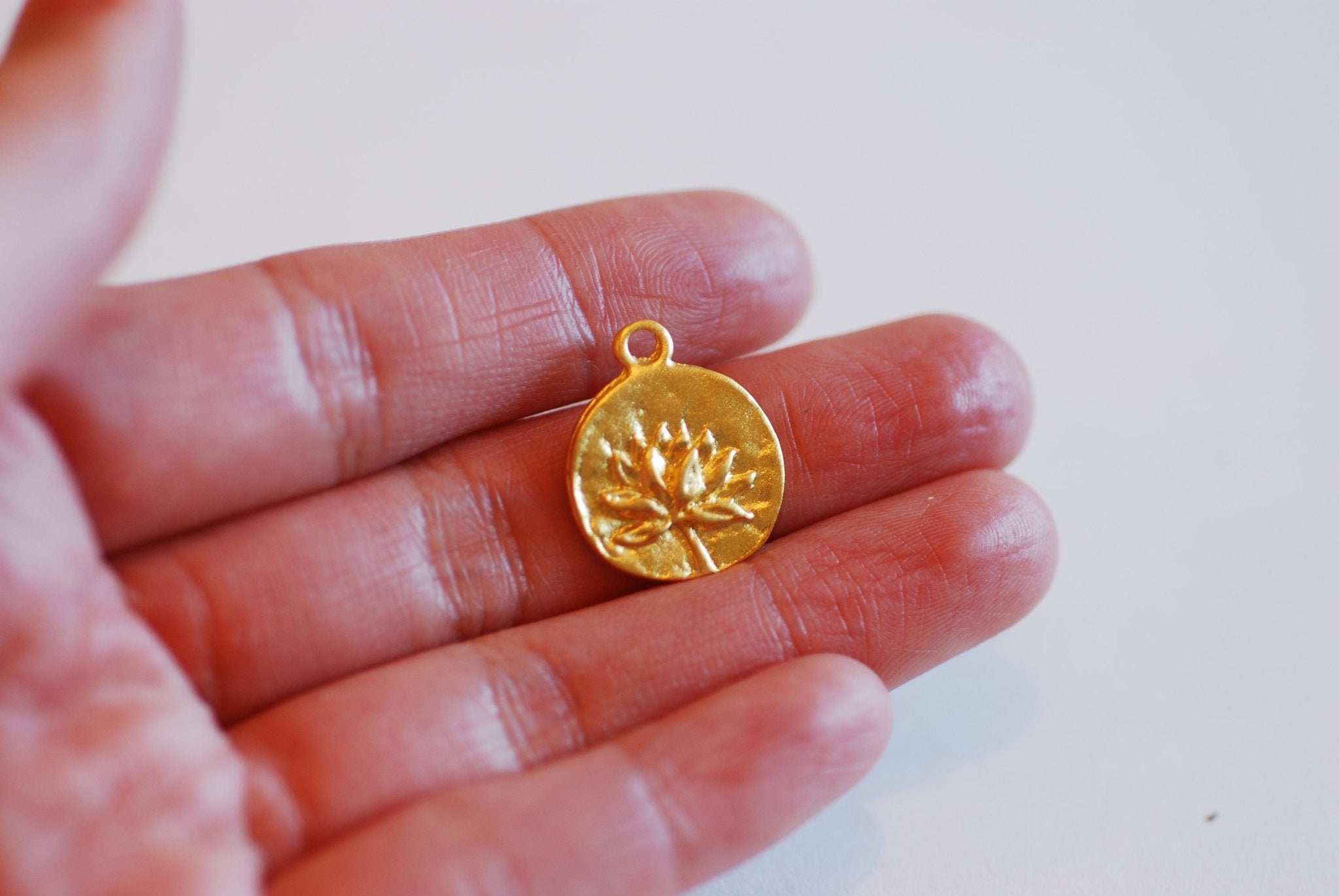 Lotus Disc Vermeil Gold Charm- 22k Gold plated 925 Sterling Silver, Lotus Flower Charm, Circle Round Disc, Yoga Charm, Dandelion Charm, 405 - HarperCrown