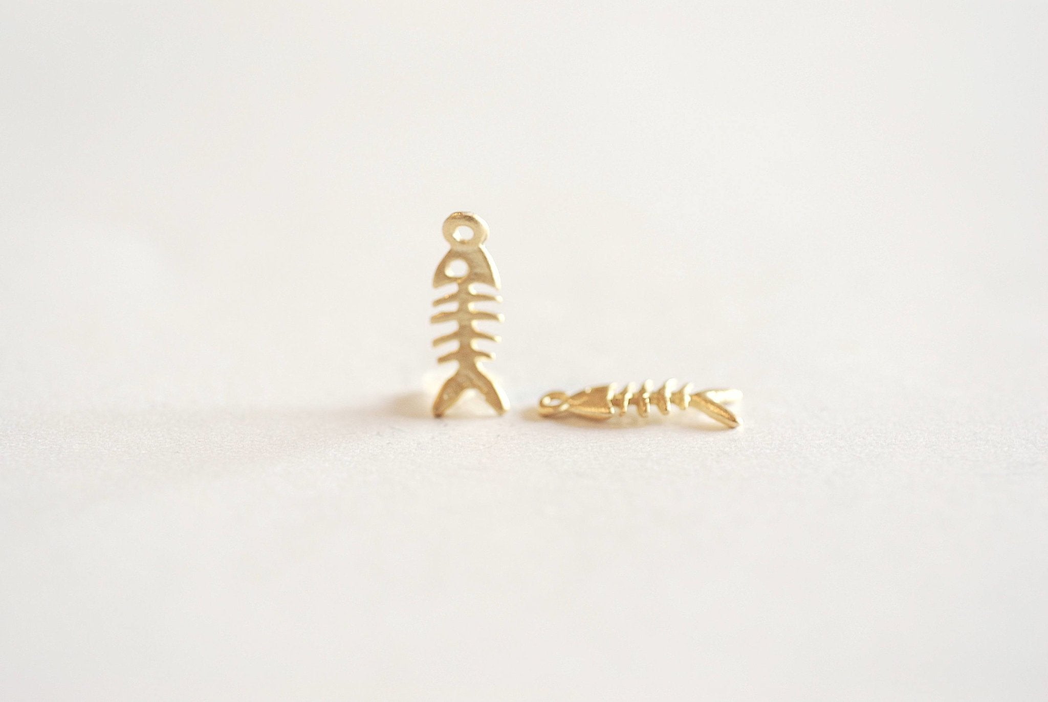 Matte Gold Fish Skeleton charm Pendant- 22k gold over Sterling Silver Sea life charm, Gold Fish, School of Fish, Beach Sea Ocean Charm, 299 - HarperCrown