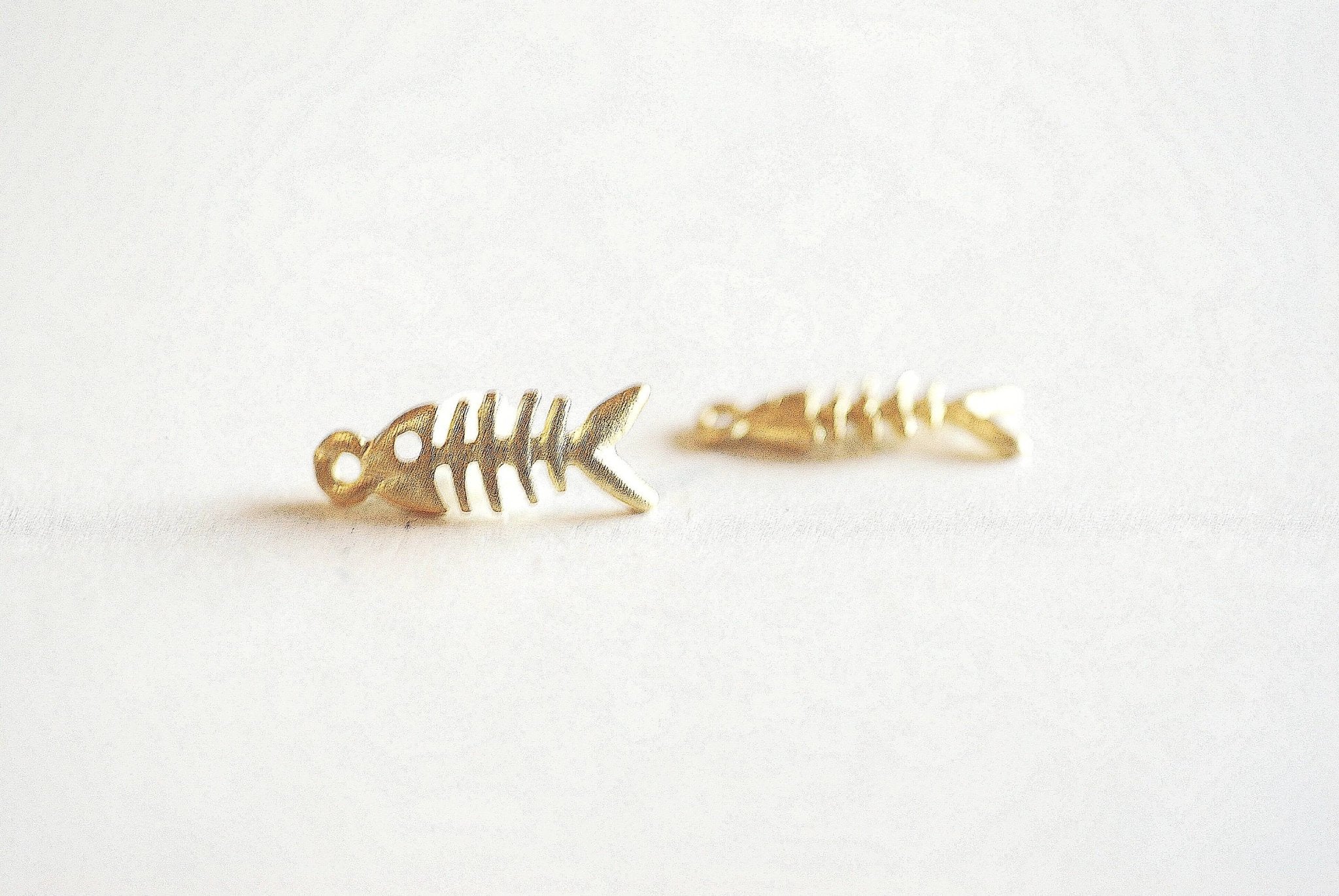 Matte Gold Fish Skeleton charm Pendant- 22k gold over Sterling Silver Sea life charm, Gold Fish, School of Fish, Beach Sea Ocean Charm, 299 - HarperCrown